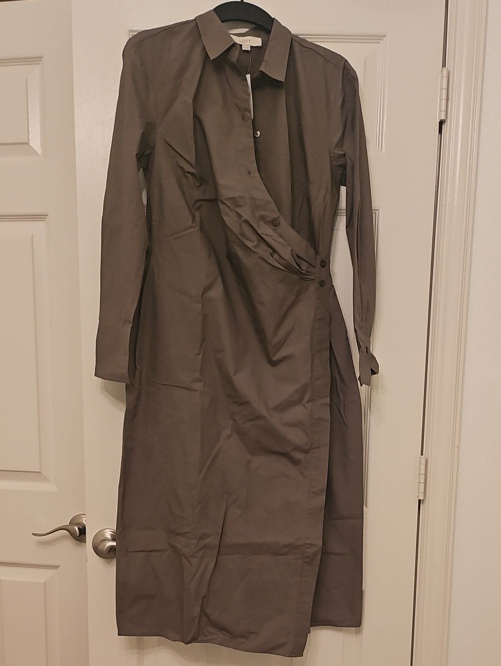 LOFT Taupe Wrap-Style Long Sleeve Shirt Dress